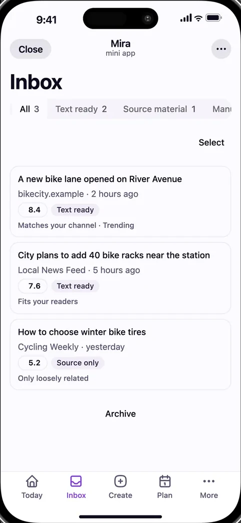 Mira Mini App: the Inbox with scored items